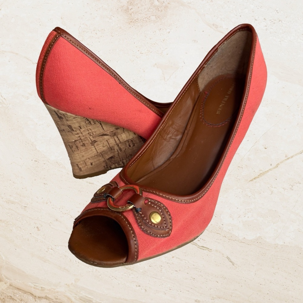 Tommy Hilfiger Coral Canvas Cork Wedges w/ Peep Toe – Size 7.5